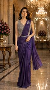 Elegante Sari de Seda Azul con Blusa Adornada para Bodas, Corte Regular, Largo hasta el Suelo, de la India y Pakistán - Product Image 5