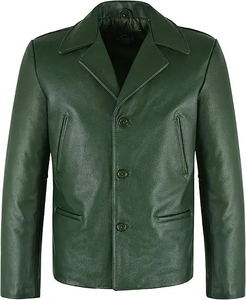 Men's Green Genuine Leather Jacket Turn-down Collar Single Breasted Casual Autumn Wear Regular Fit - Product Image 1