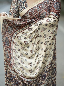 Sari Blanco Tradicional Indio de Diseño Boutique con Estampado Digital a Mano, Ropa Étnica para Mujer, Estilo Casual, Largo hasta el Suelo - Product Image 6