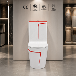 Inodoro Contemporáneo de Una Pieza con Línea Decorativa Roja, Descarga por Arrastre, Montado en el Suelo - Product Image 2