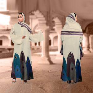 Abaya de lino con diseño artístico de estampado digital en el dobladillo, pañuelo a juego, elegante, modesta, larga hasta el suelo, estilo contemporáneo para mujer. - Product Image 2