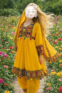 Vestido Étnico Infantil de Algodón Bordado en Amarillo, Manga Larga, Traje Tradicional Pakistaní, Ropa de Primavera - Product Image 6