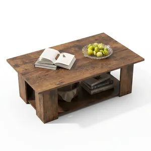 Vintage <b>Coffee</b> <b>Table</b> <b>Rustic</b> Brown Wood Finish Rectangular Two Tier Center <b>Table</b> With Lower Storage Shelf For Living Room - Product Image 4