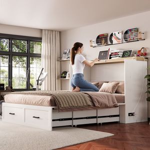 Lit Queen Murphy avec station de charge, grand tiroir de rangement, plateforme pliable, style farmhouse, avec fonction de rangement dissimulé - Product Image 2