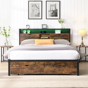 <b>King</b> <b>Size</b> Metal Platform <b>Bed</b> <b>Frame</b> <b>with</b> LED Lights USB Charging Station 2 <b>Drawers</b> Storage Wooden Headboard Footboard - Product Image 4