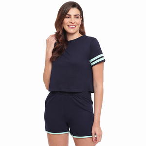 Conjunto Casual de 2 Piezas para Mujer, Color Azul Marino, Camiseta de Manga Corta con Ribete Verde Menta, Pantalones Cortos con Cintura Elástica, Transpirable y Ligero, Atuendo de Verano - Product Image 2