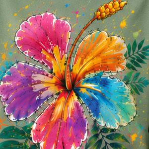Camiseta Extra Grande para Mujer en Color Verde Salvia con Estampado Gráfico de Flores de Hibisco Coloridas, Camiseta Casual de Algodón para Verano, Personalizada OEM ODM al por Mayor - Product Image 6