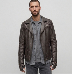 Veste de moto en cuir véritable noir pour homme, fermeture éclair, col rabattable - Product Image 5