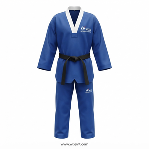 Uniforme de Taekwondo WIZE INTERNATIONAL para Adultos, Unisex, Azul, Poliéster Transpirable, Corte Regular, Logotipo Frontal - Product Image 1