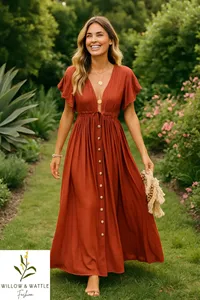 Women’s Boho <b>Plain</b> Maxi Dress Cotton Linen Fabric V-Neck Button Front Loose Fit Adjustable Waist Comfortable Long Dress - Product Image 5