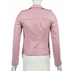 Women's Pink genuine <b>Leather</b> Moto <b>Jacket</b> Quilted Full Sleeve Turn-down Collar Zipper Closure Autumn Style Regular Fit - Product Image 2