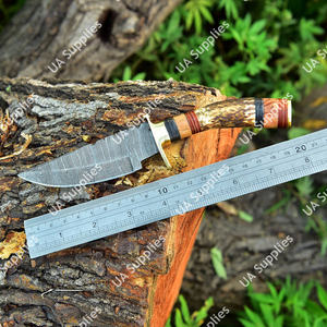 Cuchillo de Caza Artesanal de Acero de Damasco con Cuerno de Ciervo - Hoja Fija de Punta Caída Afilada como una Navaja con Funda, Venta al por Mayor OEM/ODM - Product Image 5