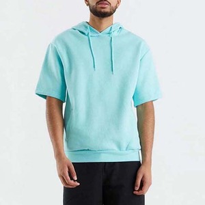 <b>Men's</b> Light Blue Oversized Hooded <b>Short</b> <b>Sleeve</b> Sweatshirt Cotton Fleece Casual Summer Wear - Product Image 1