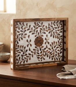 Plateau rectangulaire en bois avec incrustations florales, style Art déco, design artisanal décoratif, multifonctionnel, Diwali - Product Image 1