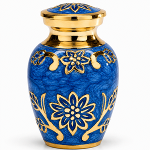 Beautiful Golden Flower Engraved Blue Colour Brass Eco-Friendly Mini <b>Keepsake</b> Urn for Storage Funeral <b>Ashes</b> - Product Image 1