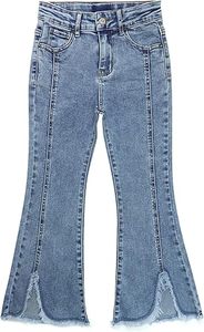 Girls Stonewashed Denim Flare <b>Jeans</b> High <b>Waist</b> Embroidered Hem Casual Spring Style Regular Fit Cotton Fabric - Product Image 2