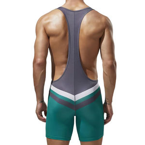 ชุดบอดี้สูทสำหรับนักมวยปล้ำชาย คอวีลึก แบบ Racerback สีสันตัดกัน ผลิตจากผ้าสแปนเด็กซ์และโพลีเอสเตอร์ ระบายอากาศได้ดี แห้งเร็ว เหมาะสำหรับการฝึกซ้อม - Product Image 3