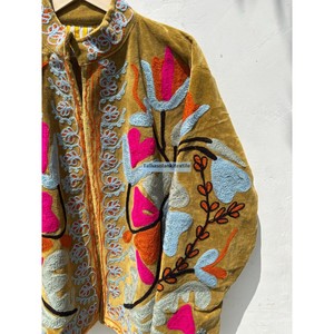 Veste en velours brodée pour femme, col mandarin, manches longues, motif floral, faite à la main, sans fermeture, manteau d'automne - Product Image 4