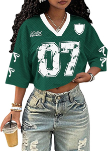 Ballet Football Women's V-Neck <b>Mesh</b> <b>Crop</b> <b>Top</b> Short Sleeve Loose Fit Number 07 Pink Sporty Style Spring Summer - Product Image 4