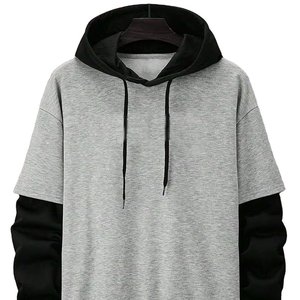 Sweat-shirt à capuche surdimensionné pour homme, gris et noir, manches longues, décontracté, pour l'automne, tricoté, coupe classique, couleur unie - Product Image 1