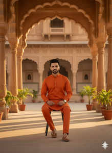 Ensemble kurta et pantalon en soie unie de style romain pour homme, cousu, infroissable, pour occasions festives et décontractées, couleur orange. - Product Image 3