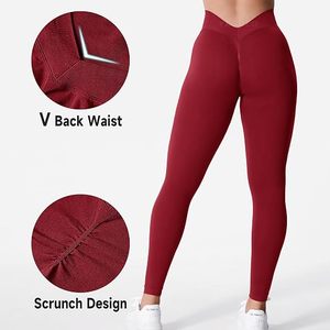 High Waisted Seamless Yoga <b>Leggings</b> Full Length Ruched <b>Butt</b> <b>Lifting</b> Workout Pants Solid Color Spandex Nylon V Back Design - Product Image 6