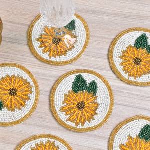 Handmade beaded flower coasters Gold white round bar mats Classic style <b>drinkware</b> <b>accessories</b> Reusable coaster set - Product Image 2