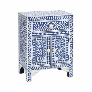 Classic <b>Blue</b> Bone Inlay <b>Bedside</b> <b>Table</b> Moroccan Floral Pattern Nightstand 1 Drawer 2 Doors Custom Eco-Friendly Bedroom Cabinet - Product Image 1