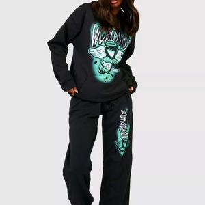 Y2K Graffiti Spray <b>Paint</b> Solid Wind Breaker Hooded Tracksuit Black Oversized Hoodie Jogger <b>Set</b> Streetwear - Product Image 2