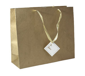 Wholesale Handmade Recycled Cotton Paper Metallic Golden Base Embossed Flexiloop Handles Matching Satin Ribbon Tag Gift <b>Bag</b> - Product Image 1