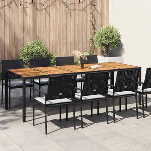 <b>Black</b> Poly Rattan Garden Table 98.43 X 39.37 X 29.53 In With 8 Chairs Teak Top Steel <b>Frame</b> Outdoor Furniture Set - Product Image 1