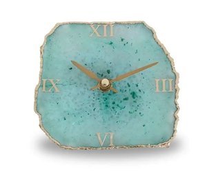 Horloge de bureau en agate vert menthe, cadran romain, bord doré, quartz, petite horloge de table, support métallique, décoration d'étagère - Product Image 5