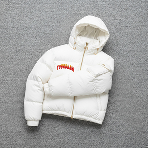 White Hooded Puffer <b>Jacket</b> <b>Winter</b> Casual Thick Warm Coat Unisex Zipper Closure Solid Color Cotton Filling Long Finished Stand - Product Image 1