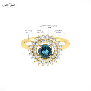 Anillo de cóctel con doble halo de topacio azul de Londres de corte redondo de 6 mm y diamantes en oro macizo de 14k, anillo de compromiso y boda. - Product Image 5
