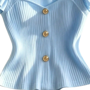 Chemisier d'été décontracté pour femme en maille côtelée, manches à volants, boutonnage frontal, col carré uni, 100% polyester, bleu - Product Image 6