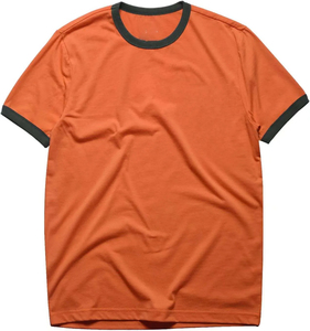 Men's <b>Orange</b> Short Sleeve T-Shirt Regular Fit O-Neck Contrast Trim Casual Knitted Solid Color Blank Design - Product Image 6