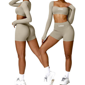 Ensemble de yoga pour femme : Crop top rose à col carré et manches longues, leggings taille haute sans couture, extensible dans les quatre sens, couleur unie - Product Image 3