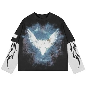 T-shirt oversize à manches longues double couche avec impression graphique vintage et effet délavé, impression DTG, style streetwear, double manche - Product Image 1