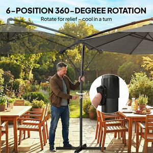 Ombrellone da Patio Grigio da 3 Metri con Copertura, Girevole a 360° con Manovella e Inclinazione, per Cortile, Raggio 2,7m - Product Image 6