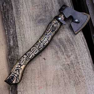 Handmade Carbon Steel Viking Battle <b>Axe</b> with Engraved Wooden <b>Handle</b> and Leather Sheath Camping Gift for Him - Product Image 1