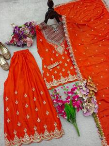 Ensemble Salwar en Rayonne Brodé Orange avec Dupatta, Coupe Ample, Tenue Traditionnelle Indienne et Pakistanaise pour Femme, Longueur au Sol, Toutes Saisons - Product Image 4