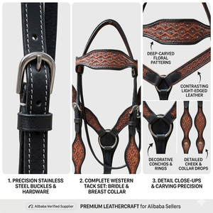 High Quality Western Horse Headstall with Conchos Braided Design <b>Tooled</b> <b>Leather</b> Bridle for Horse Riding Ranch <b>Work</b> Trail Riding - Product Image 2