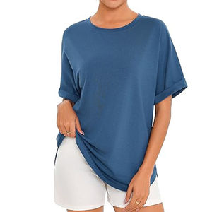 เสื้อยืดคอกลมแขนสั้นสีน้ำเงินสำหรับผู้หญิง พิมพ์ลายโลโก้ตามสั่ง ตกแต่งสวยงาม แฟชั่นฤดูร้อน สไตล์ลำลอง ผ้าแคนวาสสีพื้น - Product Image 6