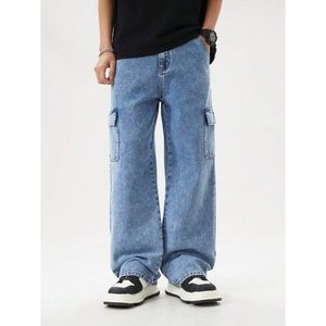 Jean cargo en denim bleu glace style rétro pour femme, 100 % coton, écologique, respirant, taille haute, thème vintage, pantalon tendance - Product Image 5