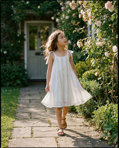 Vestido de Verano Premium para Niñas, Blanco, de Algodón, con Rayas Florales, Tirantes, Sin Mangas, Cómodo, para Compradores de Ropa Infantil - Product Image 5