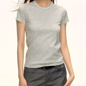 Camiseta de Manga Corta con Cuello Alto para Mujer, Color Marrón, 100% Algodón Jersey, Casual, Color Sólido, Corte Ajustado, Transpirable, Primavera - Product Image 4