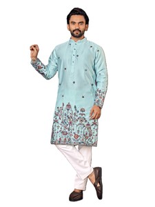Men's Light Blue Embroidered Kurta Set with White <b>Pants</b> Traditional Indian Pakistani Wedding Wear Regular Fit Knee-Length - Product Image 1