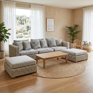 New Modern Minimalist Rattan Living Room Sofa Set Luxury Outdoor <b>Patio</b> Garden Sectional Lounge Seating Cushions Teak Wood Coffee - Product Image 3