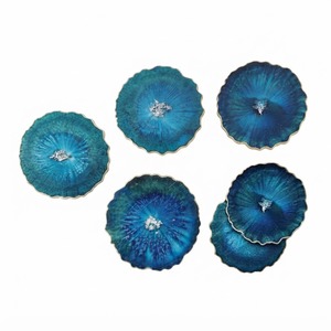 <b>Teal</b> Epoxy Resin <b>Coaster</b> Set Gold Trim Faux Agate Slice Drink <b>Coasters</b> Geode Tableware for Wedding Favors Home Decor Table Mats - Product Image 4