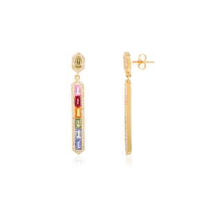14K Gold Multi Sapphire Channel Set Bar Drop Earrings - Product Image 6